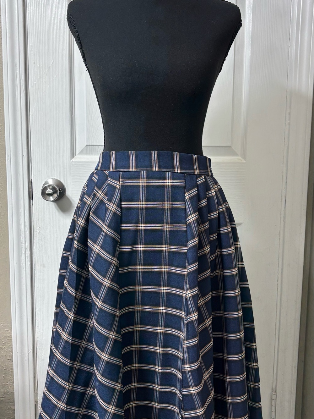 Navy Plaid Midi Skirt with Pleated A-Line Silhouette
